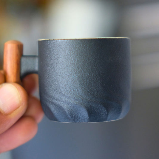 Handmade Japanese Style Espresso Cup – 70ml Pottery Coffee Mug with Wooden Handle
