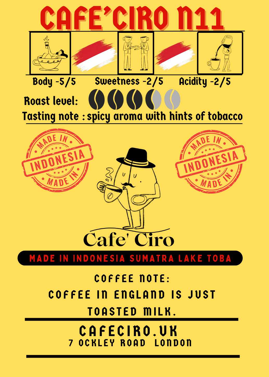 Cafe'Ciro N11 Indonesia – Premium Sumatra Coffee | Spicy, Bold, Tobacco Notes | Low Acidity, Full Body