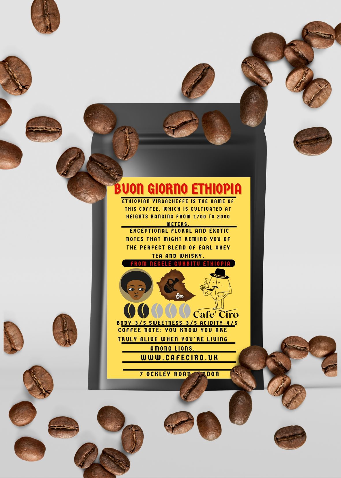 Cafe'Ciro From Negele Gurbitu, which originates from the esteemed Yirgacheffe region in Ethiopia (1700-2000m). The beans are harvested from October to December, using the Heirloom variety of trees, and are fully washed.